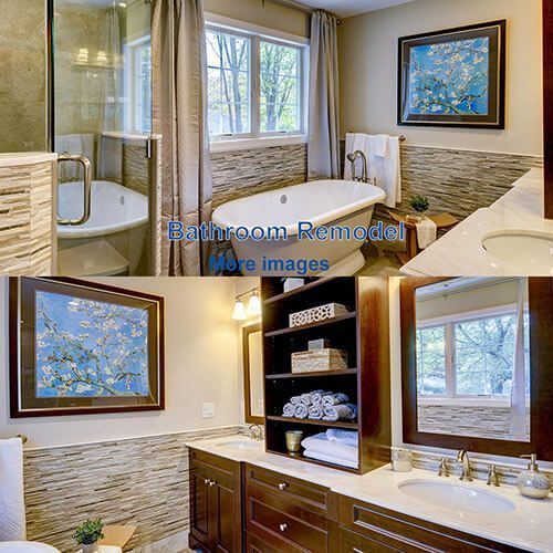 Bathroom remodel with bathtub, shower, double vanity, artwork, and natural light.