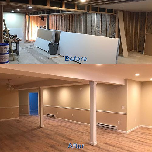 Basement renovation: Before and after. Shows exposed framing and drywall stacked.