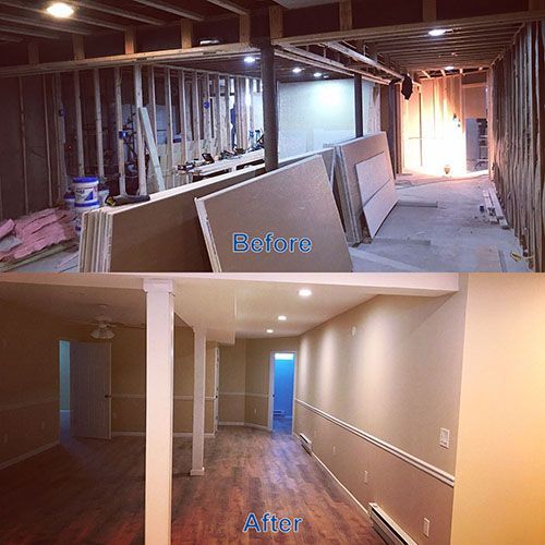 Basement renovation: Before and after. Exposed framing and drywall versus finished room with flooring and trim.