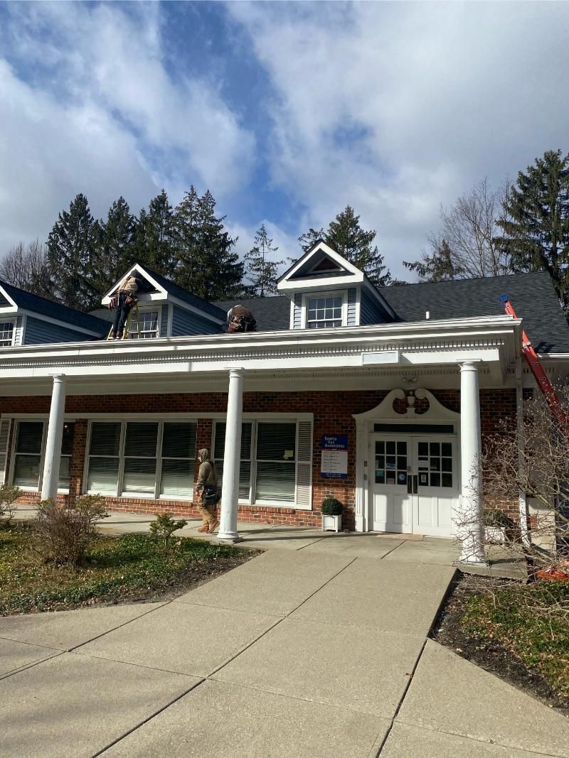 Workers on a roof with dormers, brick building, white columns, blue sky, and a red ladder.