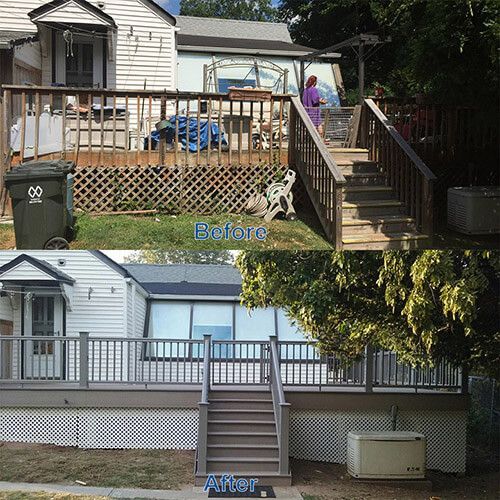 Deck renovation: Before and after. Old wooden deck replaced with new gray composite deck and stairs.