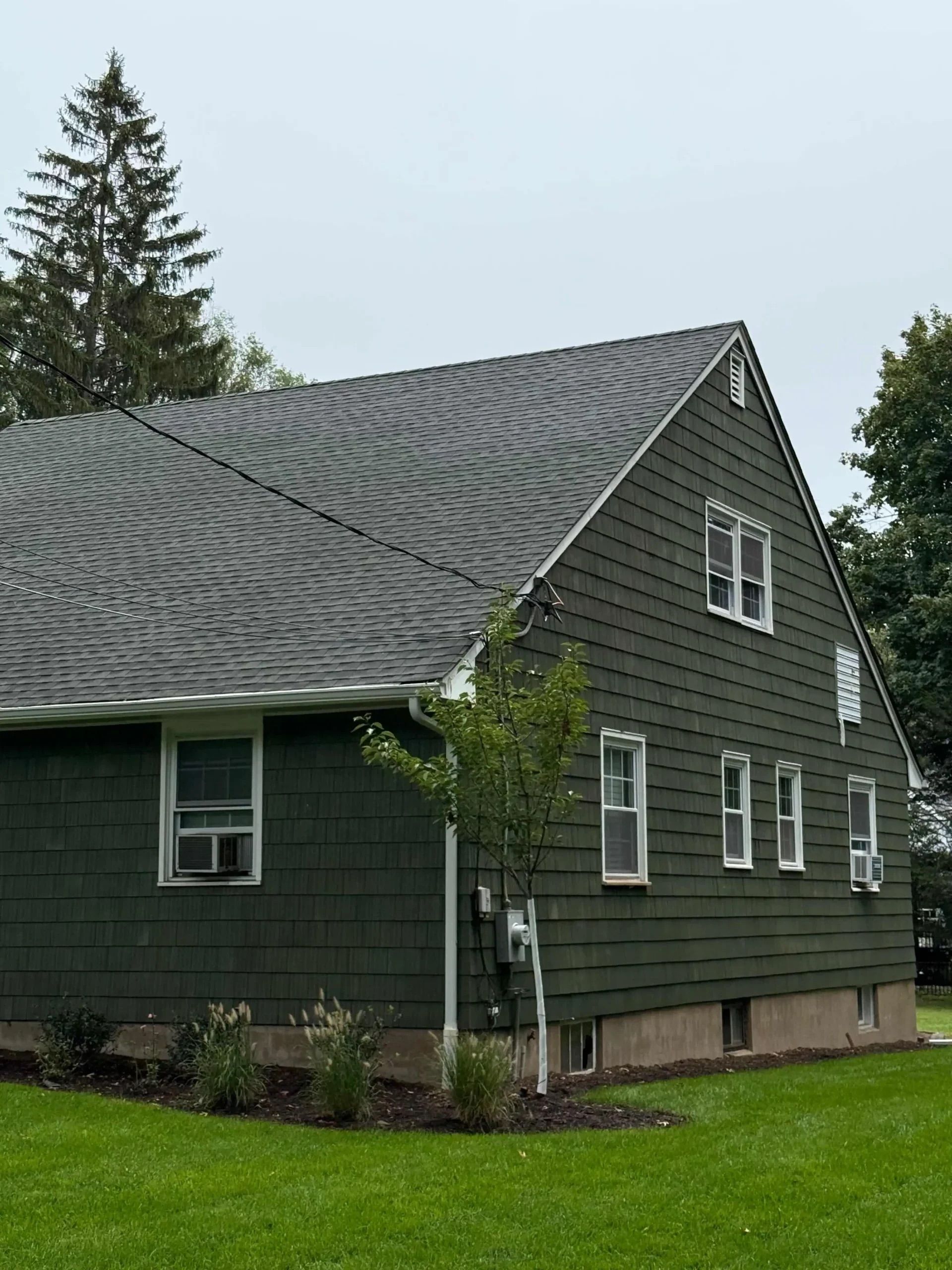 Green house with dark gray, patterned roof and green siding, set on a green lawn.