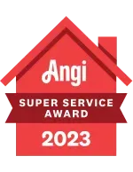 Angi Super Service Award 2023 badge, red house silhouette with white text on a red banner.