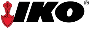 Logo with black "IKO" text, a red ornamental shape to the left, and the ® symbol.