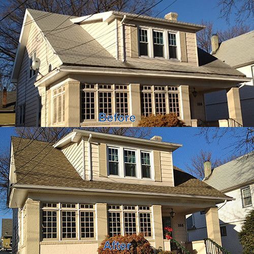 Two-story house before and after a roof replacement. The roof changes from light to dark brown.