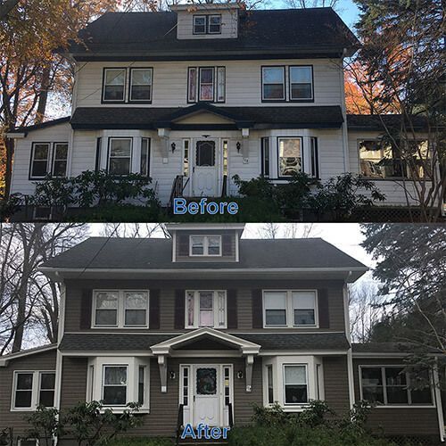 Before and after photos of a two-story house with dark brown siding, new shutters, and a white door.