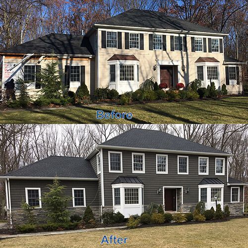 House exterior before and after renovation: beige to gray siding, updated roof, and stonework.