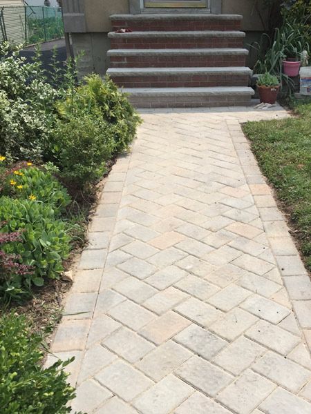Brick walkway leading to steps of a house, flanked by green bushes and grass.