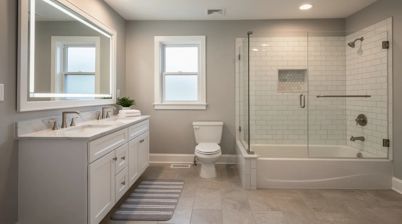 The image depicts a beautifully remodeled bathroom typical of Union County, NJ, featuring a modern walk-in shower, double vanities, and elegant tile work that balances beauty and functionality. This full bathroom remodel showcases high-quality fixtures and a stylish layout, perfect for enhancing daily life for local homeowners.