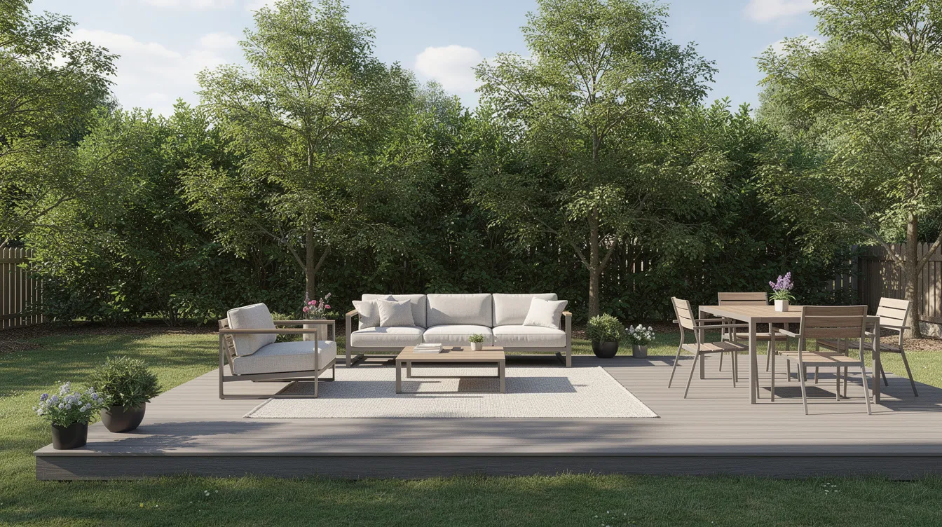 The image depicts a composite deck in a suburban backyard, featuring outdoor furniture arranged for relaxation, surrounded by mature trees. The rich brown tones of the deck complement the natural wood of the furniture, creating a warm and inviting space that enhances the outdoor style and beauty of the setting.