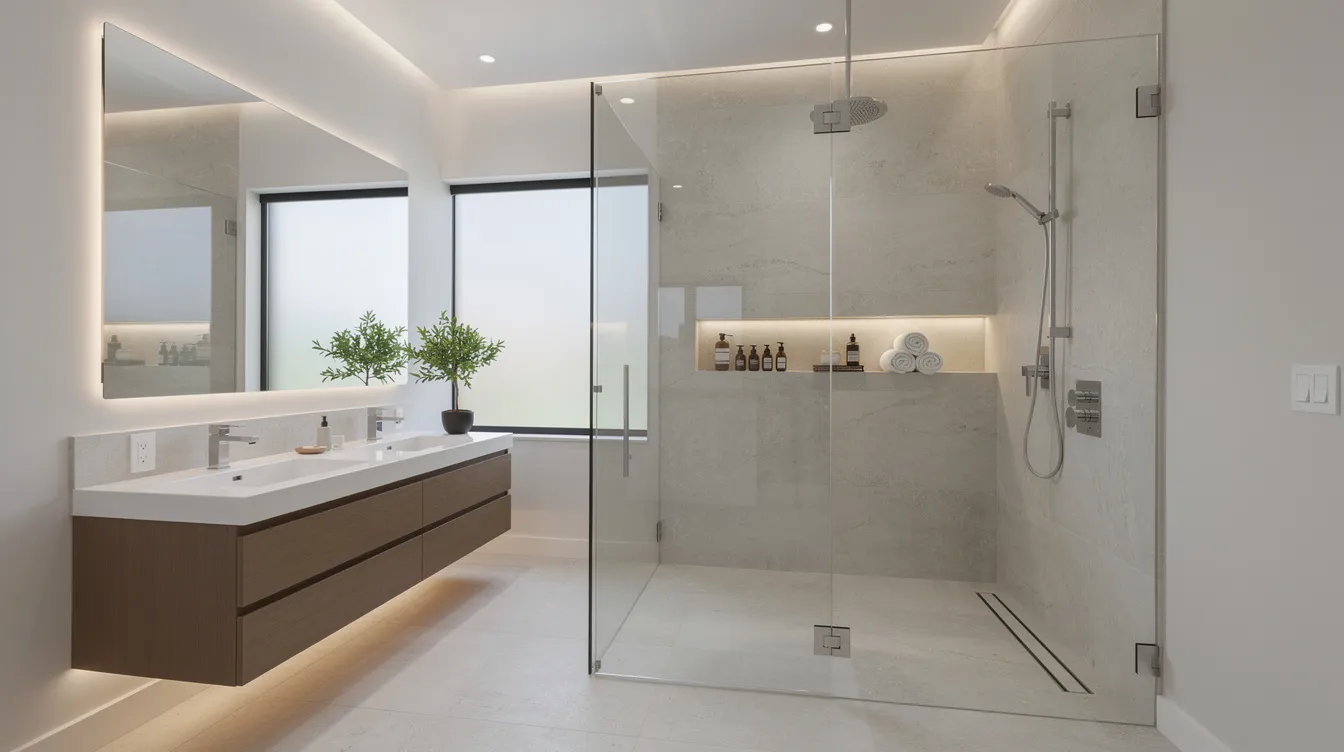 A modern bathroom featuring a floating wooden double vanity, large mirror, and a glass-enclosed walk-in shower with niche.