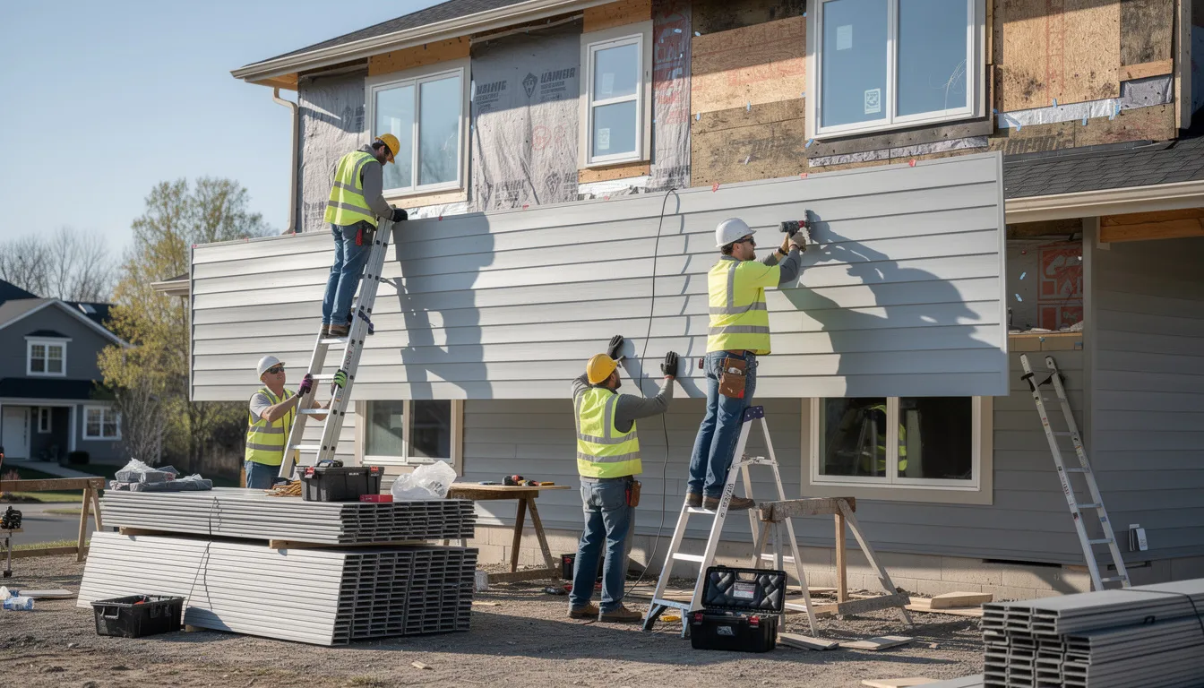 A construction crew is actively installing new siding panels on the exterior of a residential home, enhancing its curb appeal and providing weather protection. The team is using durable materials like James Hardie siding, known for its exceptional durability and low maintenance, ensuring the home withstands harsh weather conditions.