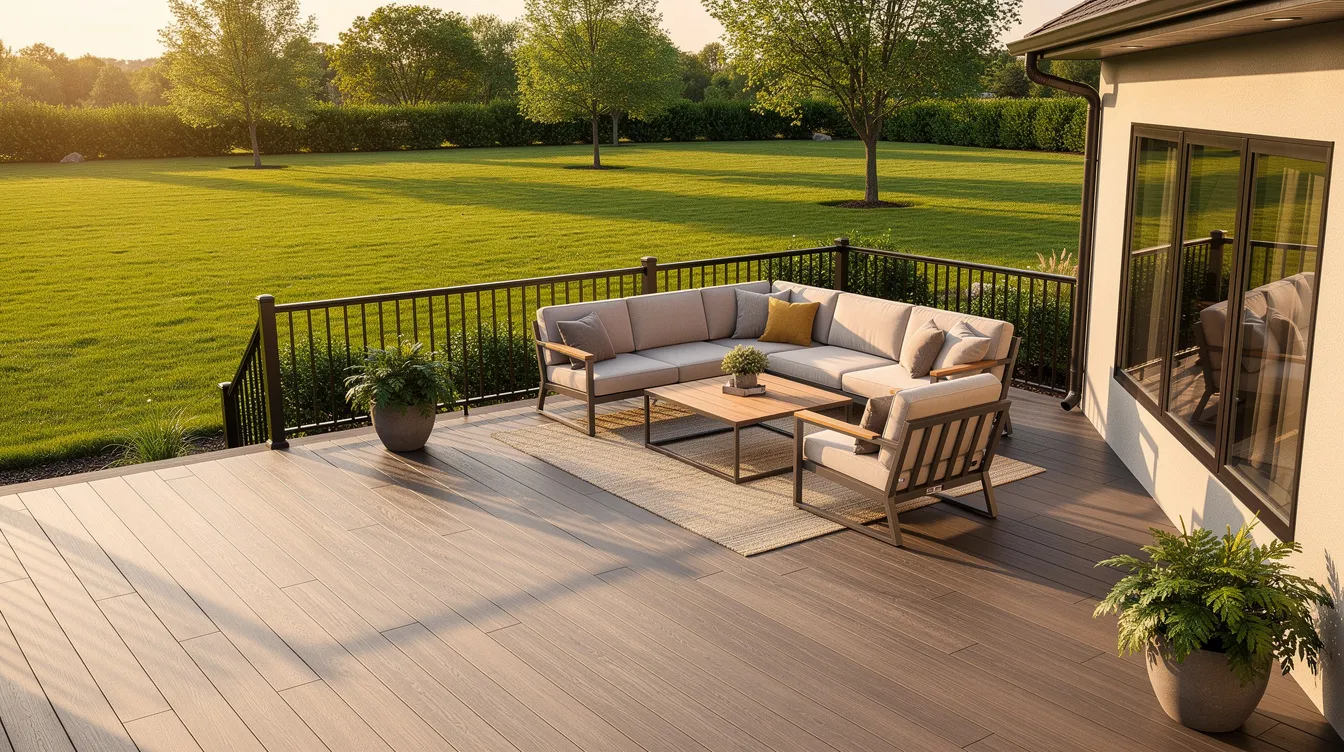 The image features a modern composite deck with comfortable outdoor seating, providing a perfect spot to relax while overlooking a lush green backyard. The composite decking, made from recycled materials, offers a low-maintenance alternative to traditional wood decking, ensuring durability and aesthetic appeal for homeowners.