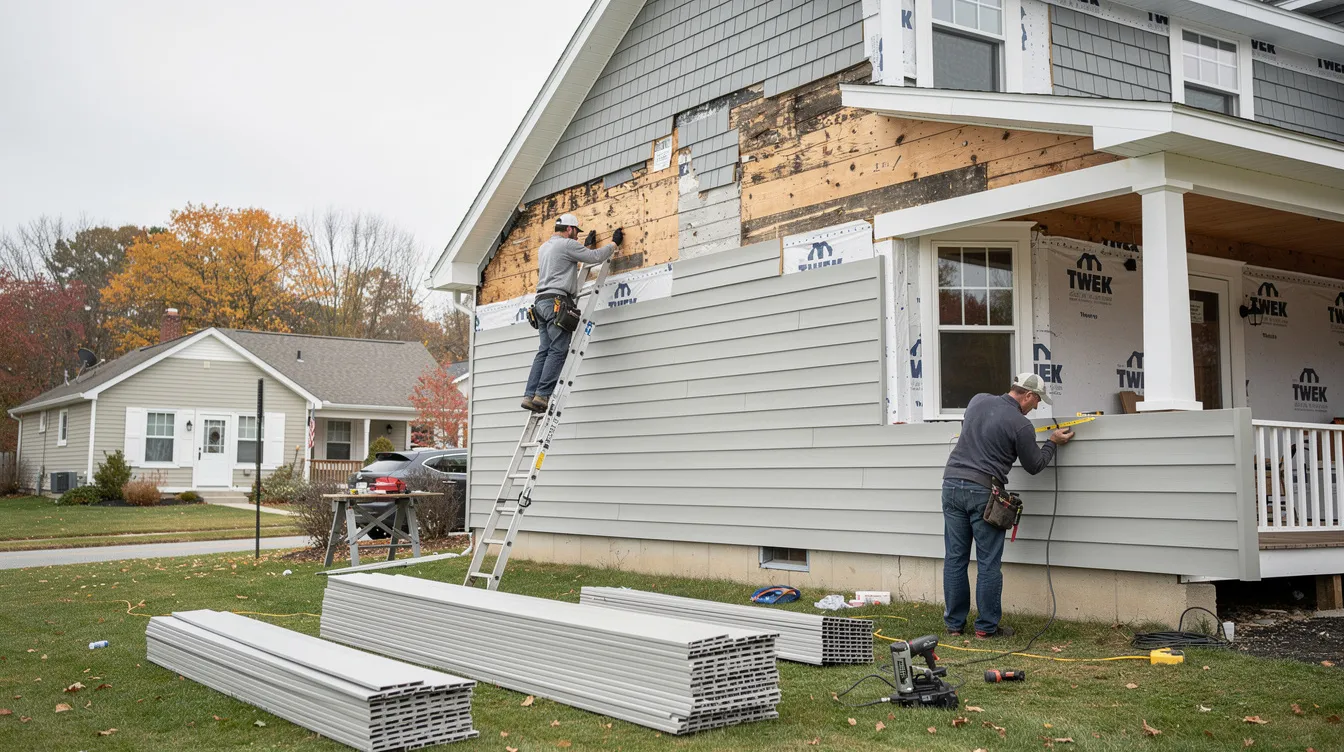 The image depicts a professional siding installation project in Rockland County, NY, showcasing a home receiving new vinyl siding. The installation highlights the use of premium materials that enhance the home's curb appeal and improve energy efficiency, while expert installers are seen working diligently to ensure superior workmanship.