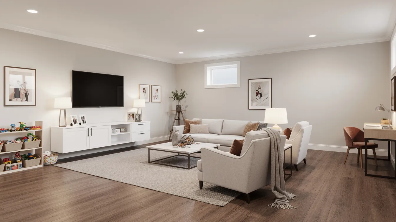 Bright, modern living room with beige sofa, TV, rug, coffee table, and dining area
