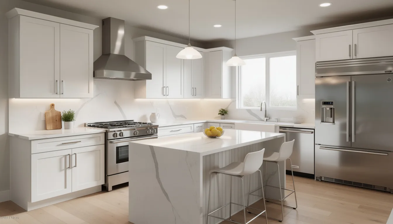 Modern kitchen with white cabinets, marble countertops, stainless steel appliances, and a center island with two stools.