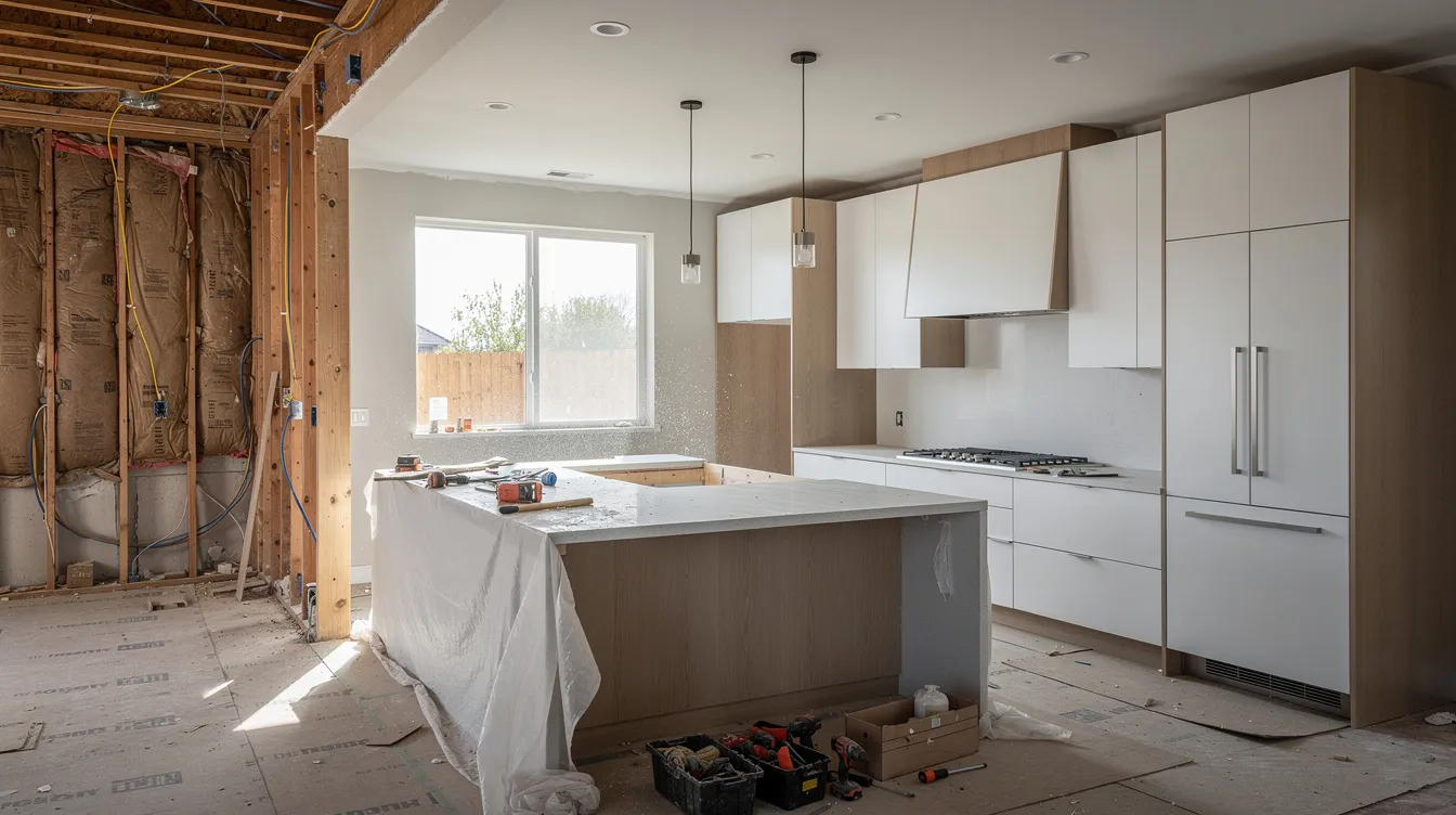 Partially renovated kitchen with white cabinets, island wrapped in plastic, and exposed framing on the left.