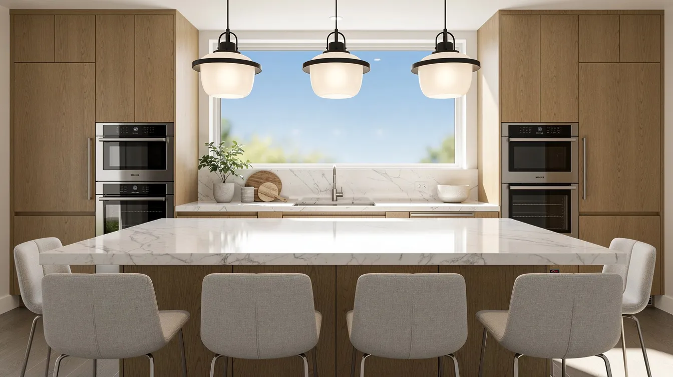 The image features a bright modern kitchen with a large marble island, complemented by warm light wood cabinets and sleek stainless steel appliances. Pendant lights hang above the island, and a wide window allows natural light to fill the space, highlighting the clean lines and contemporary design elements.