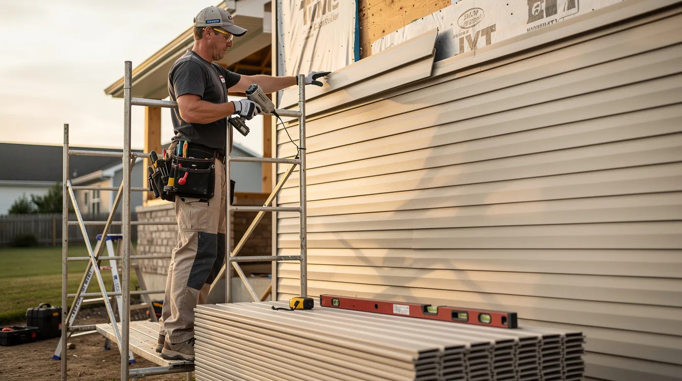 The image depicts a professional siding contractor actively working on a home improvement project, focusing on vinyl siding installation. The contractor, representing a family-owned business in Sussex County, NJ, demonstrates quality workmanship while ensuring customer satisfaction through dedicated siding services.