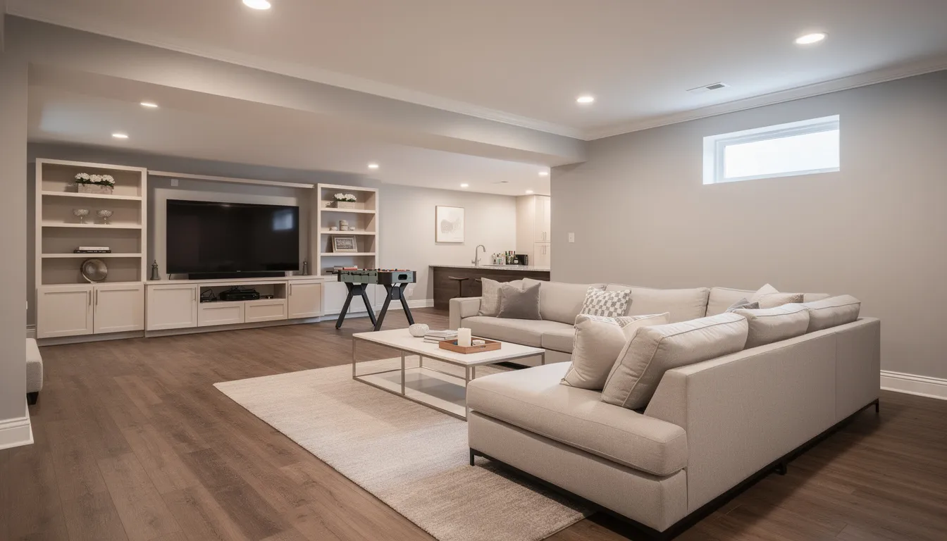 Modern living room with a sectional sofa, built-in entertainment center, and wooden floors.