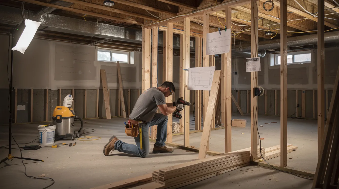 A contractor is diligently working on a basement remodel in Sussex County, NJ, showcasing the construction process with tools and materials scattered around. The space is in progress, with exposed walls and framing, illustrating the transformation of the unfinished basement into a comfortable living area.