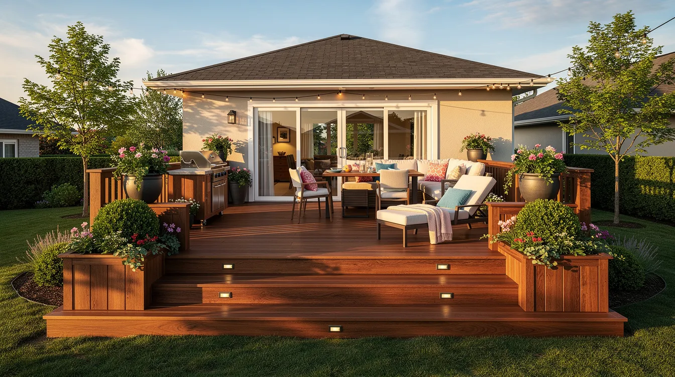 A wooden deck with built-in planters and steps leads to a house with large sliding glass doors and patio furniture.