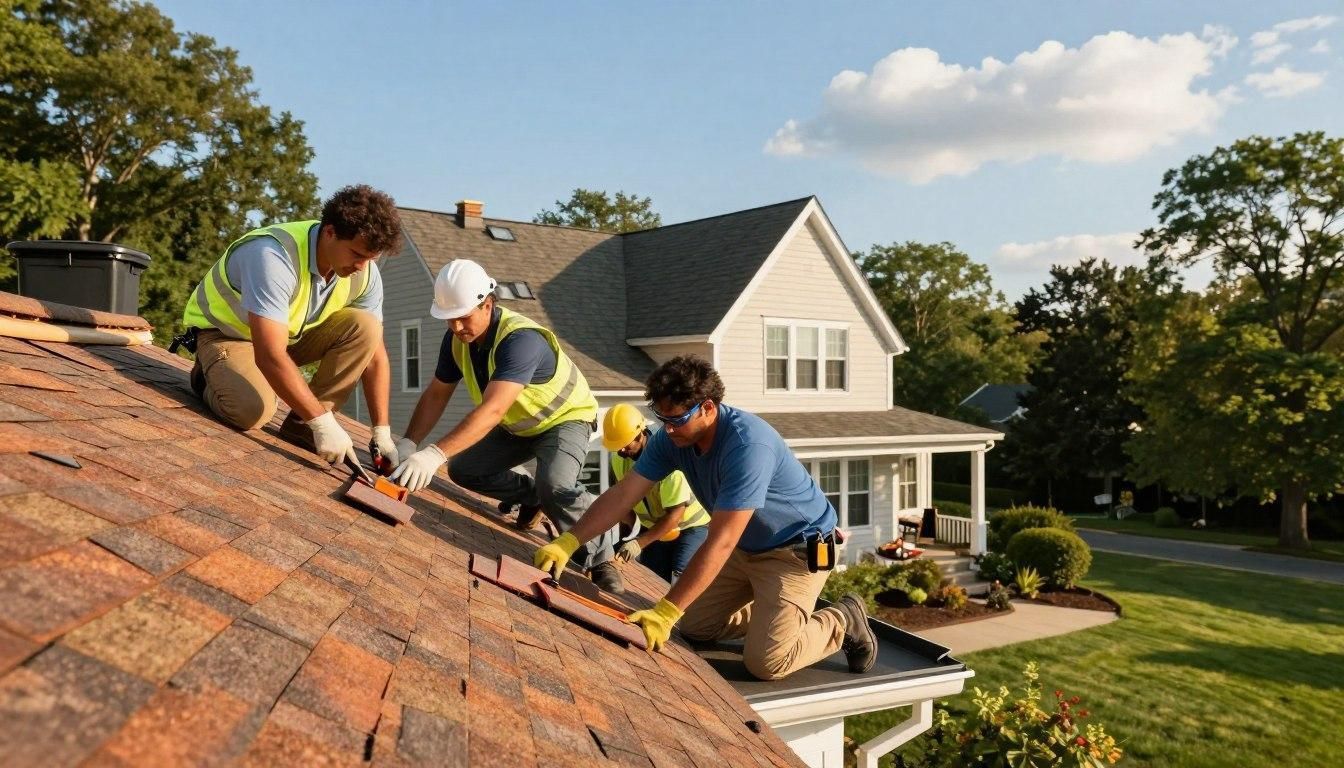 Roofers installing shingles on a house roof on a sunny day.
