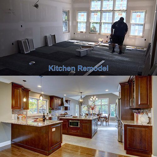 Kitchen remodel: Top photo shows construction site; bottom photo is finished kitchen with island, cabinets, and dining area.