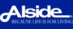 Logo for Alside, a white text on a blue background. The tagline reads, "BECAUSE LIFE IS FOR LIVING."