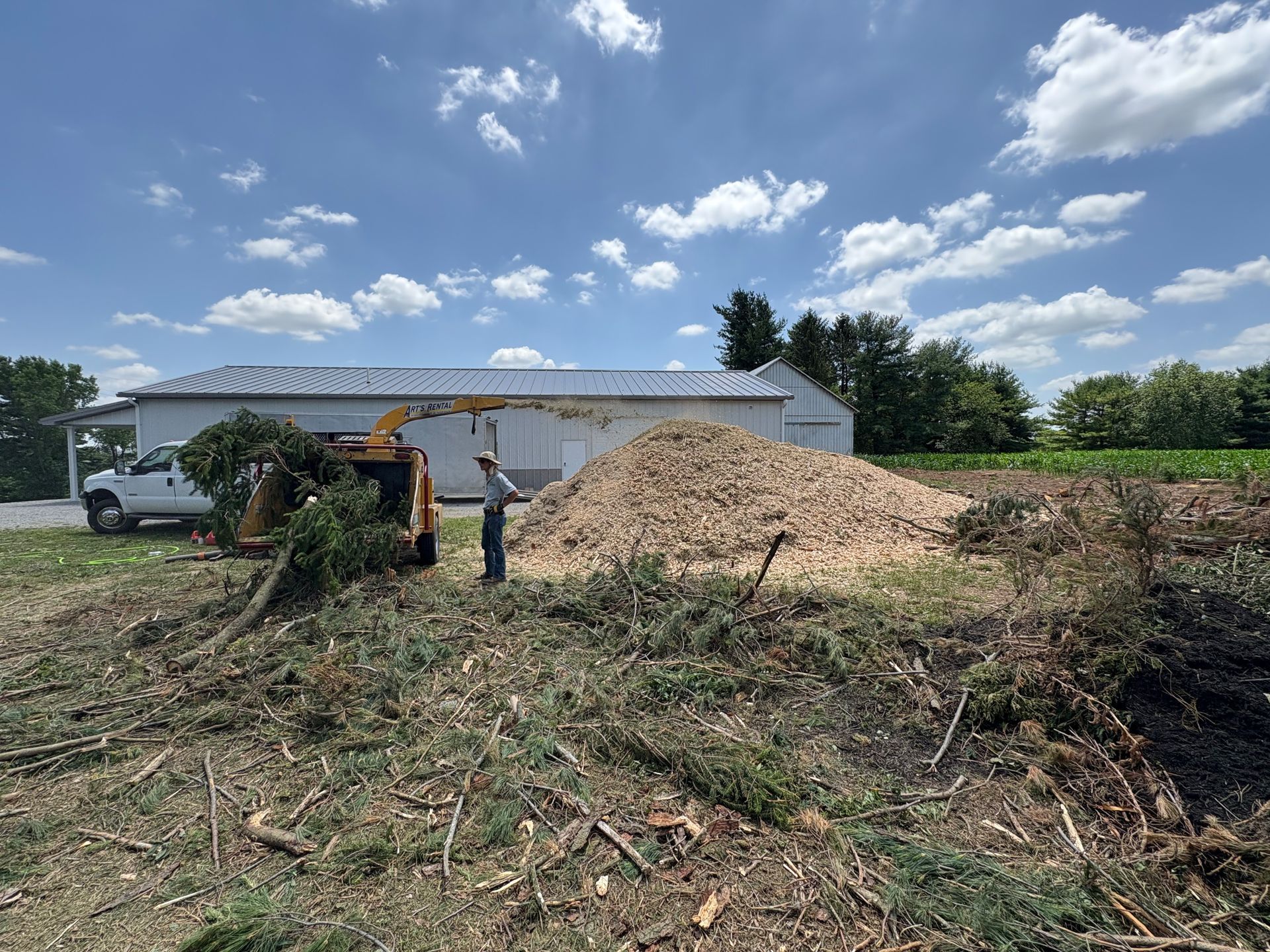 Man feeding tree branches into a wood chipper, creating a large pile of wood chips next to a building on a sunny day.