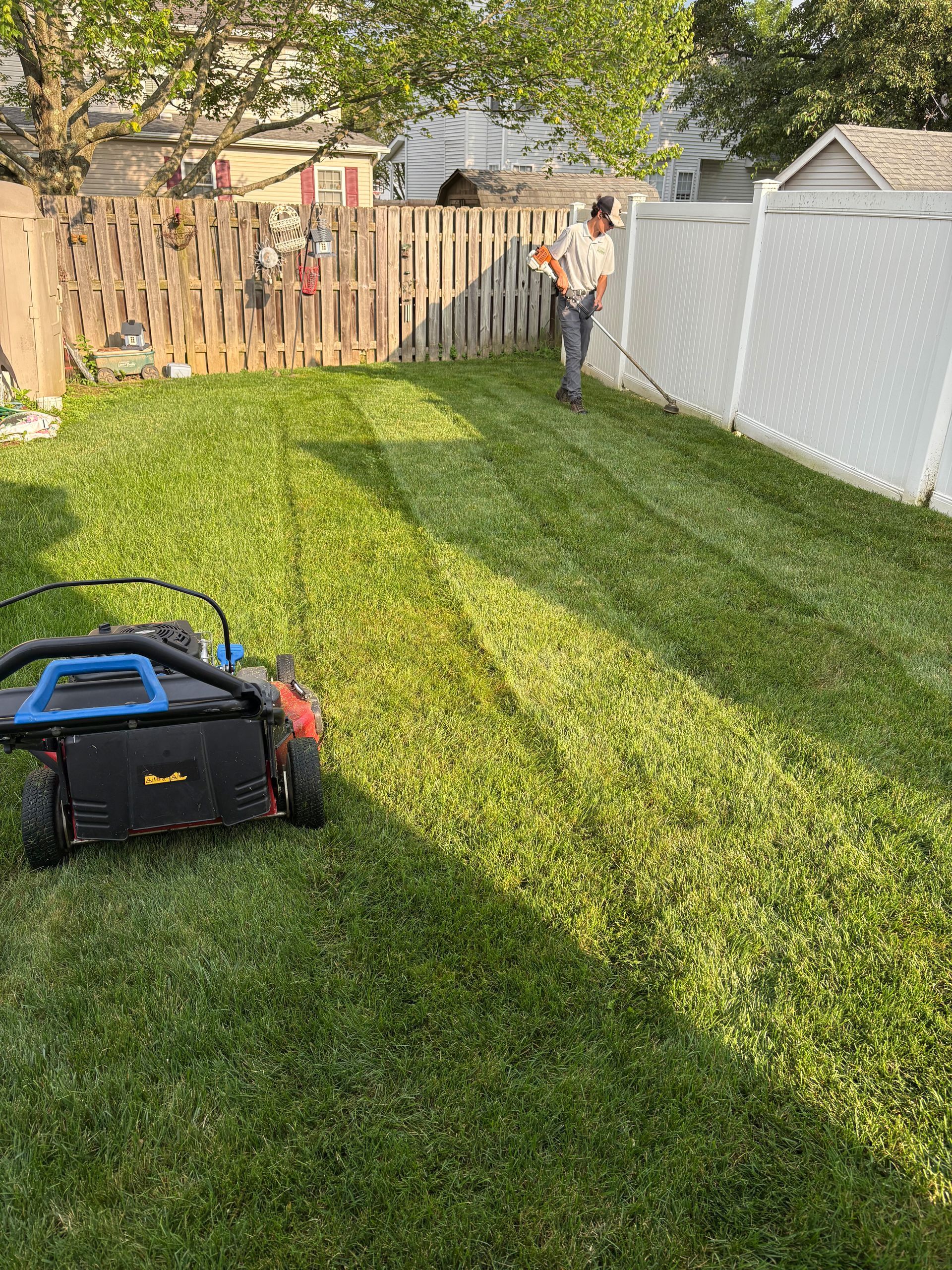 A person mowing a green lawn in a backyard with a white fence and brown fence.