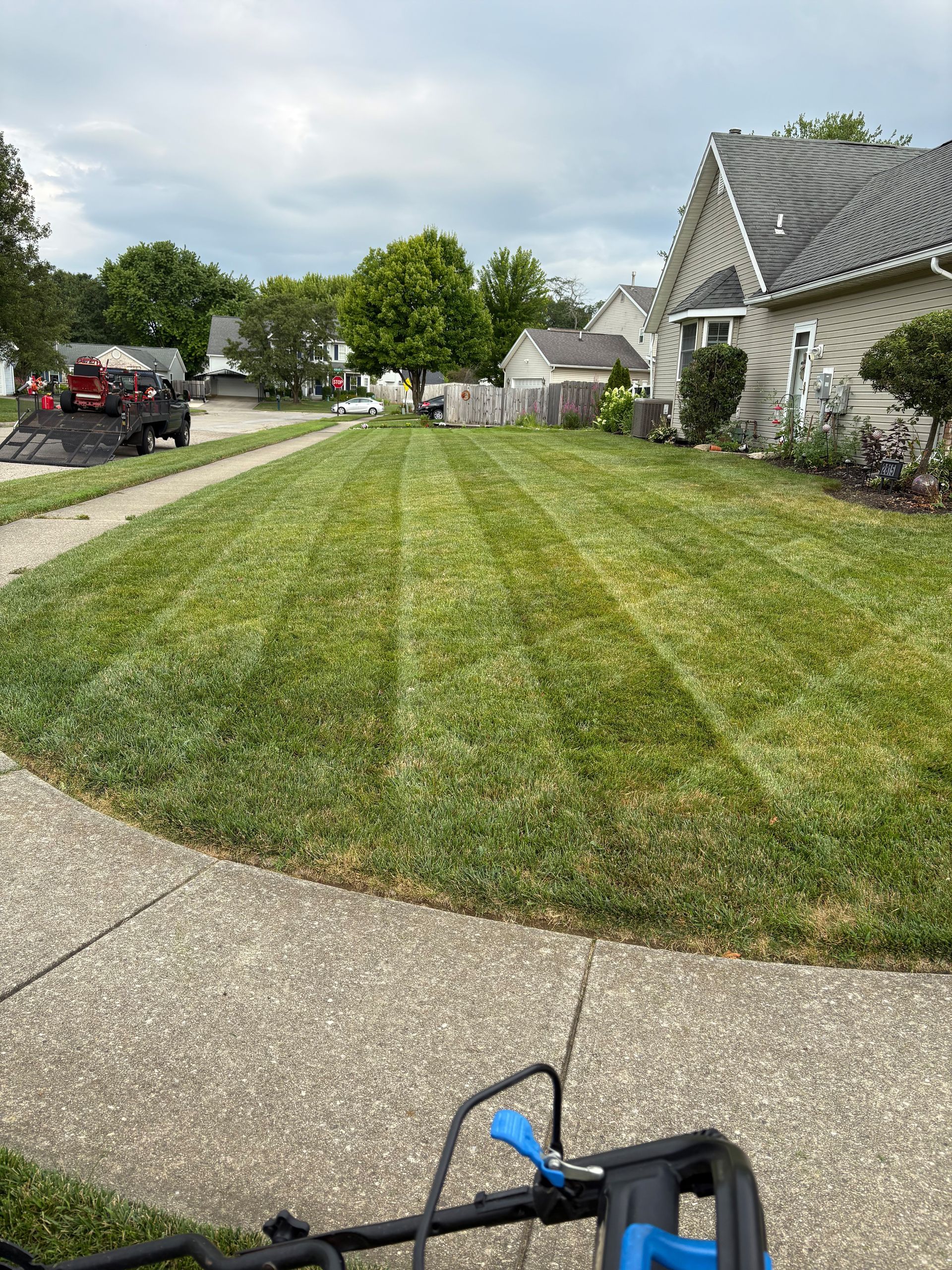 Lawn mowed with stripes. Green grass, blue mower, gray sidewalk, houses, and trees under a cloudy sky.