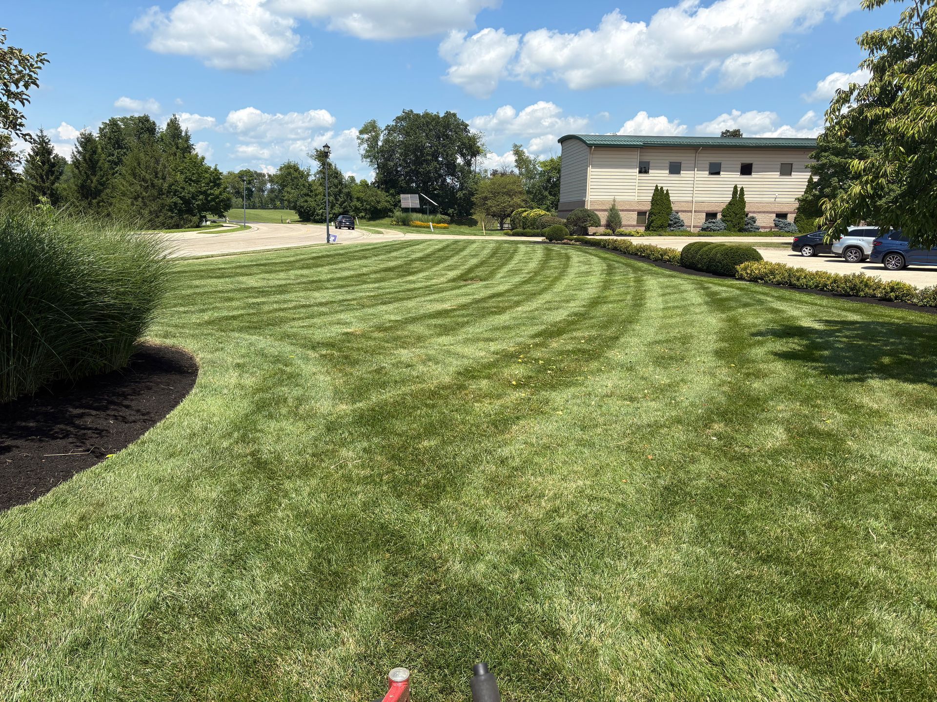 Lawn with curved mowing stripes, a building, and trees under a partly cloudy sky.