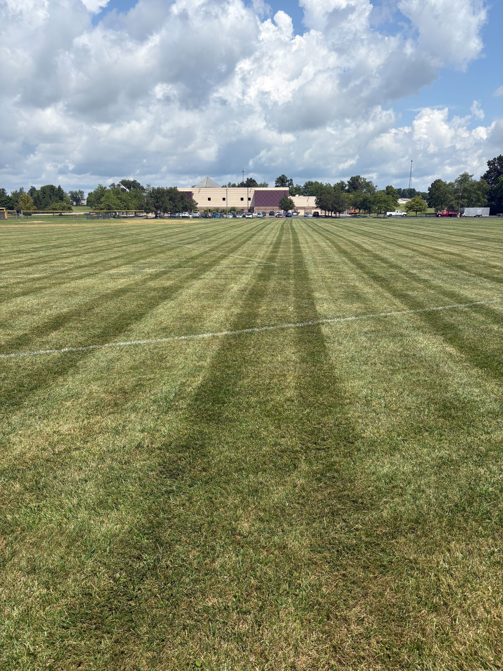 Green lawn with alternating dark and light mowing patterns, building in the distance under a cloudy sky.