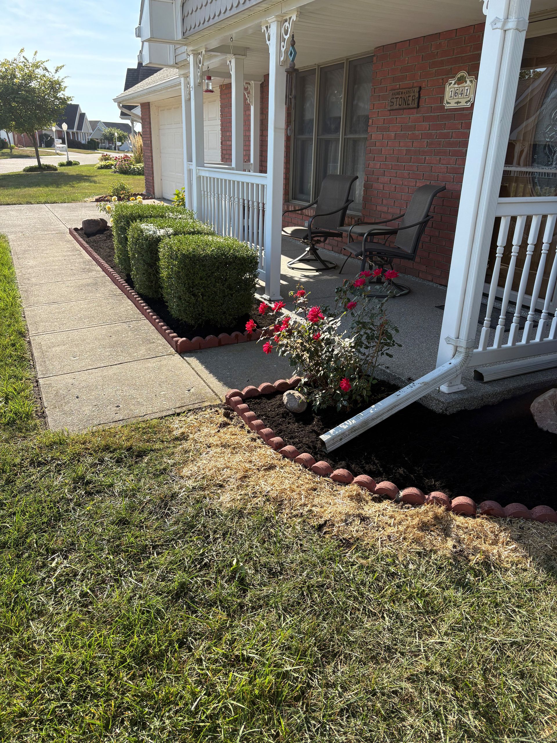 A front porch with a walkway, bushes, red roses, and a brick border.