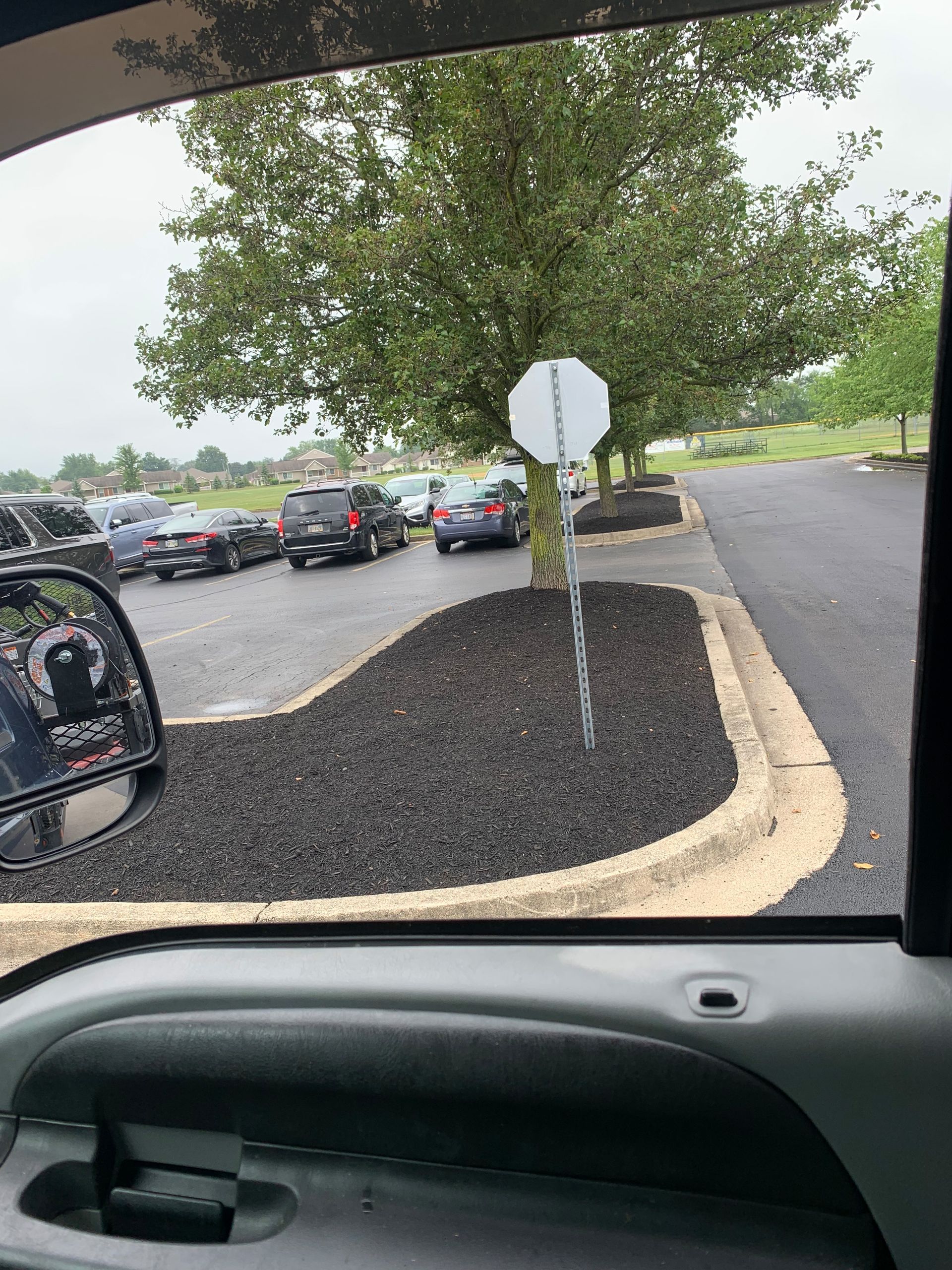 View from car window of a parking lot with cars, a tree, and a stop sign on a cloudy day.