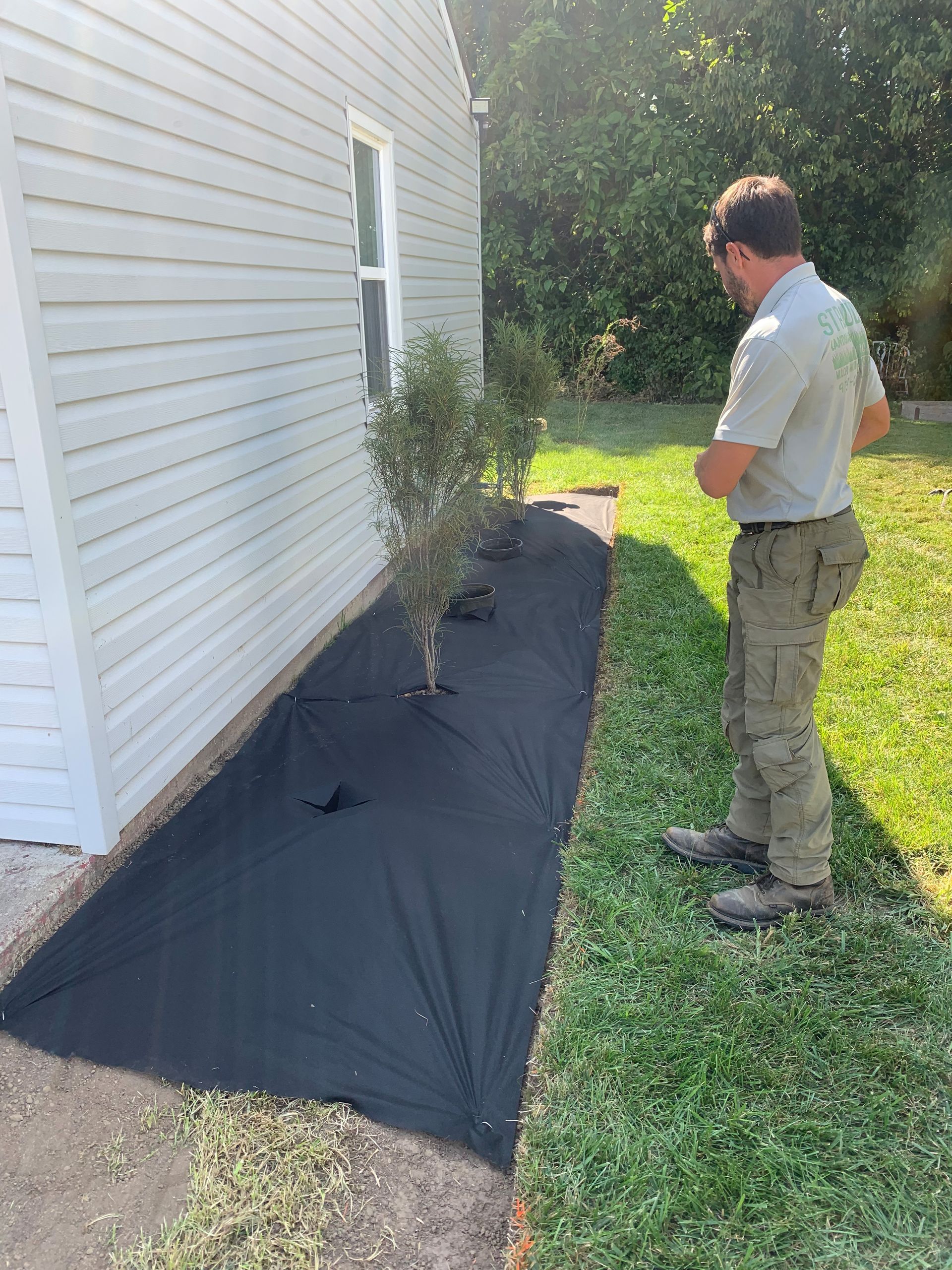 Man inspecting a landscape project with black fabric, small trees, and green grass along a building.