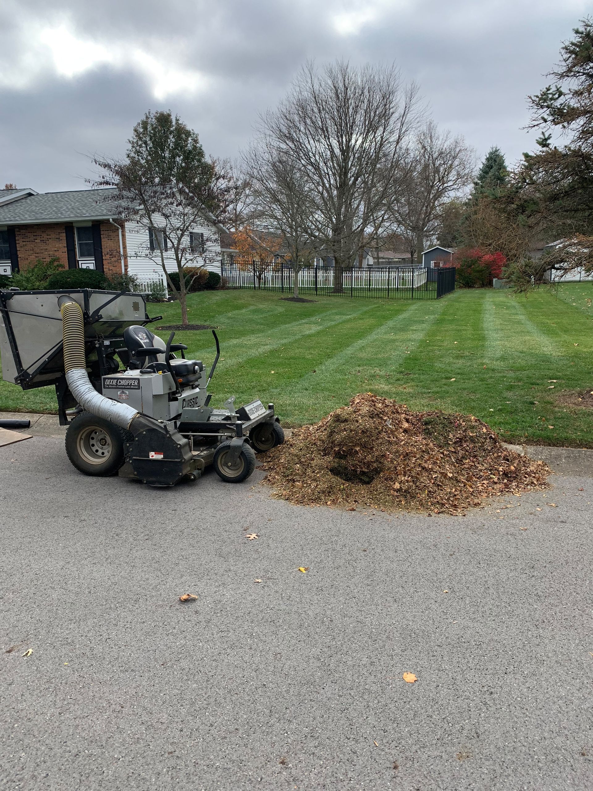 A leaf vacuum mulcher on a paved driveway near a pile of leaves in front of a house and yard.