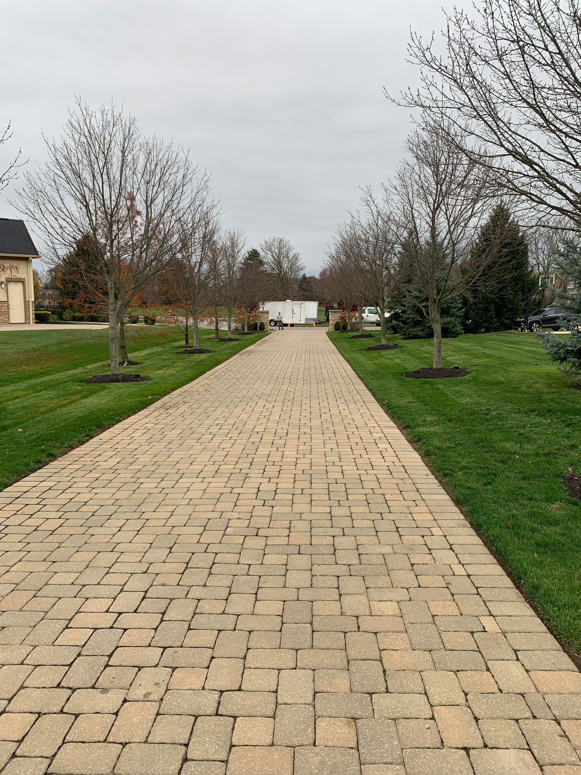 Brick driveway lined with trees and green grass on a cloudy day.