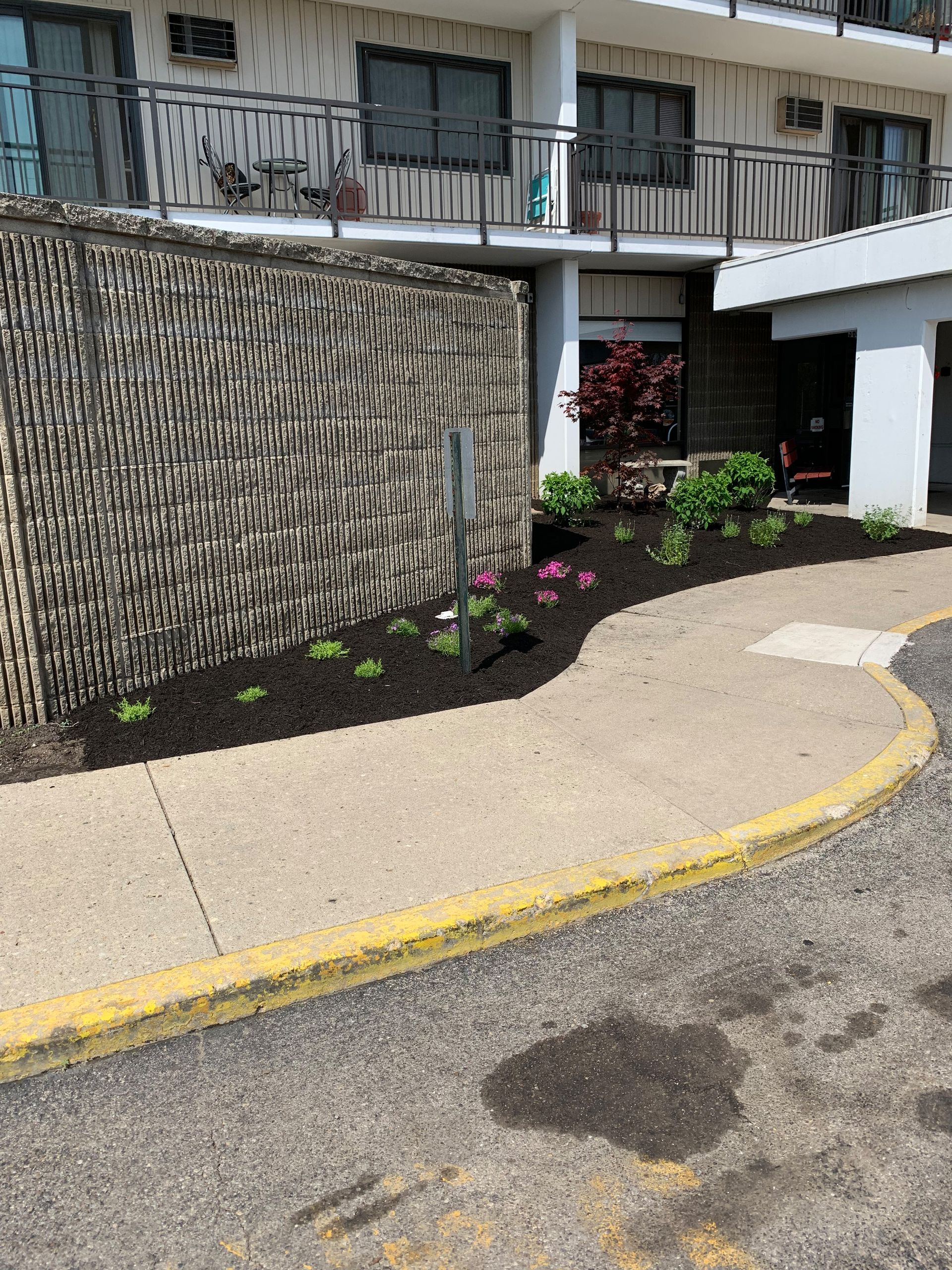 A building entrance with a curved pathway and landscaped flower bed with fresh mulch.