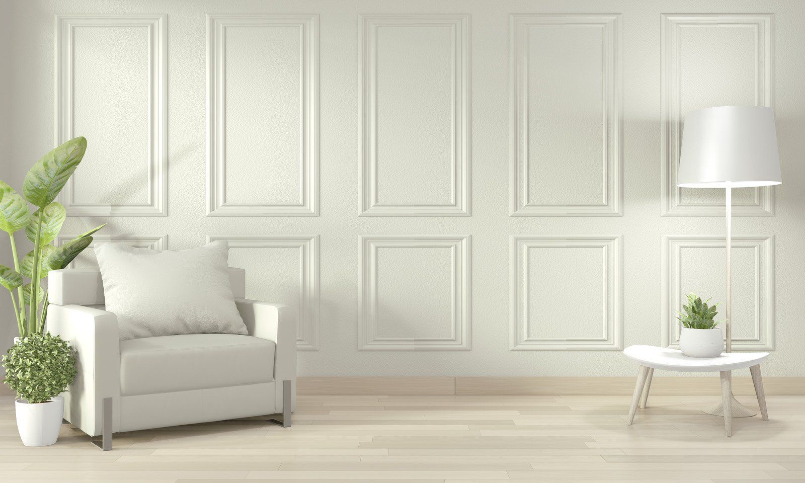 A living room with a white chair , table , lamp and potted plant.