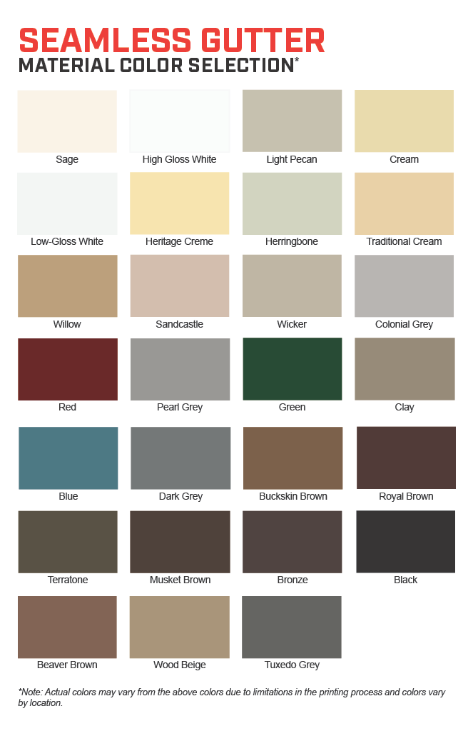 A seamless gutter material color selection is shown on a white background.