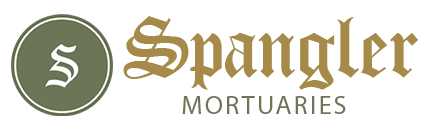 Logo for Spangler Mortuaries, featuring a green circle with a white letter "S" next to gold text reading "Spangler".