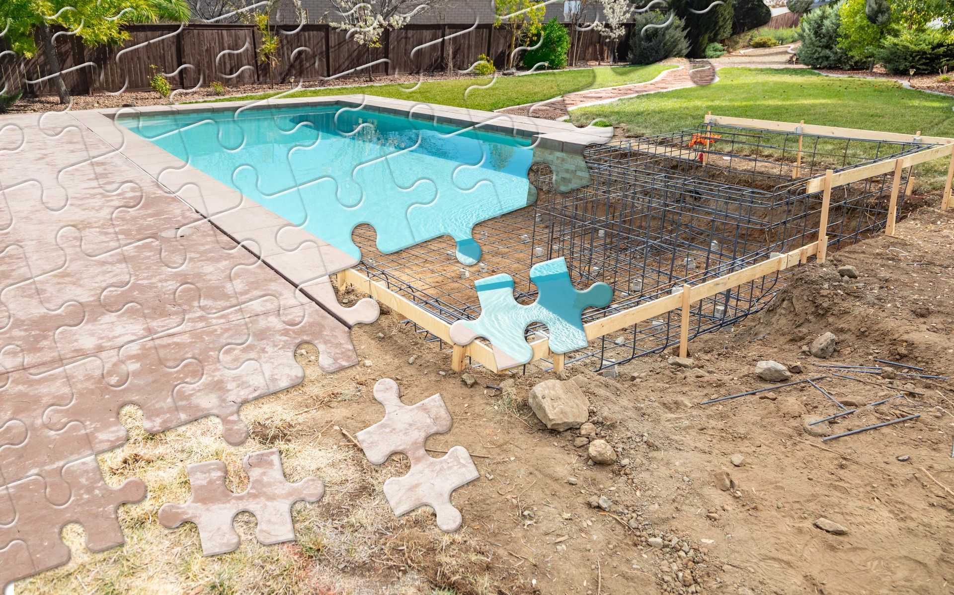 pool construction shown as puzzle pieces being assembled together