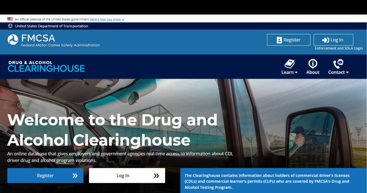 A screenshot of the drug and alcohol clearinghouse website.