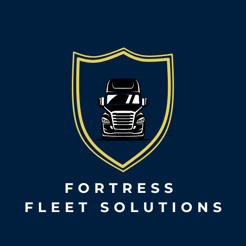 A logo for fortress fleet solutions with a truck in a shield.