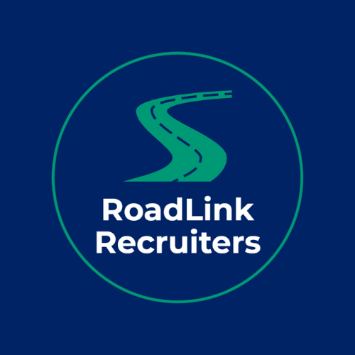 A logo for roadlink recruiters with a green road in a circle on a blue background.