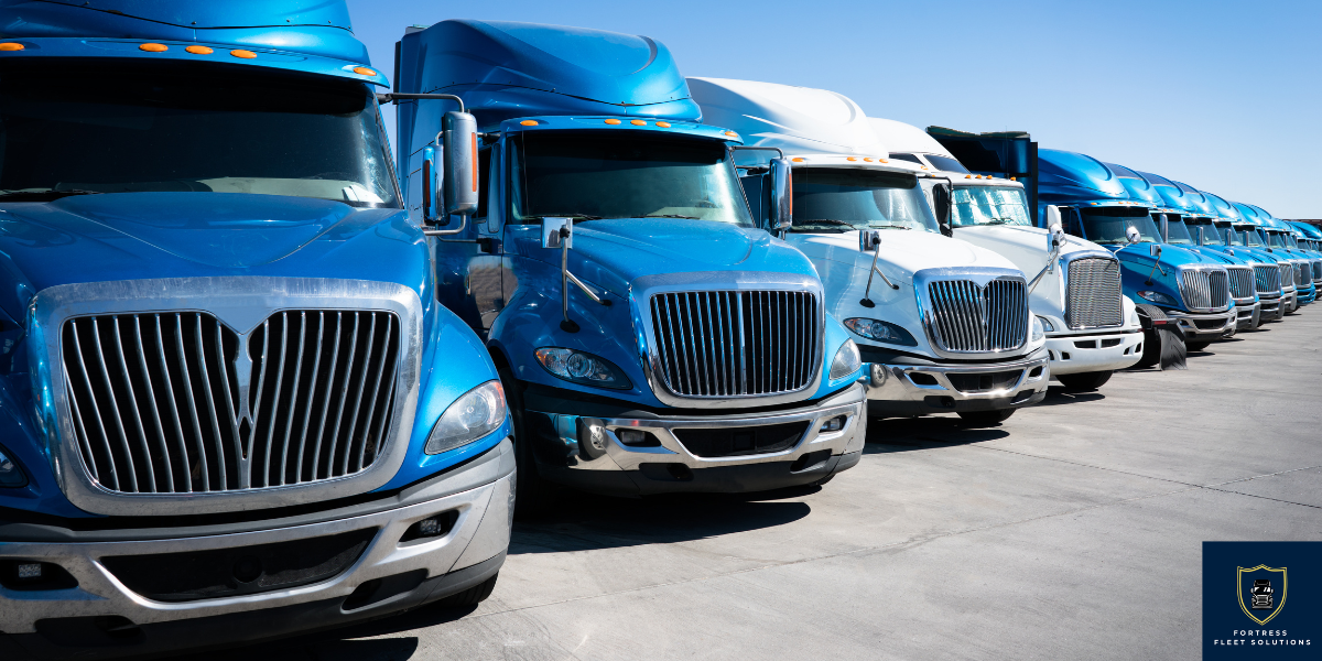 A row of blue and white semi trucks are parked in a parking lot.