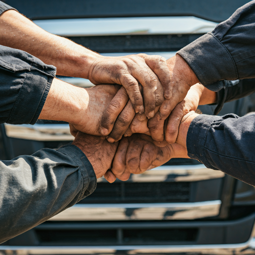 A group of truck drivers are putting their hands together in front of a truck.