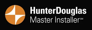A hunter douglas master installer logo on a black background